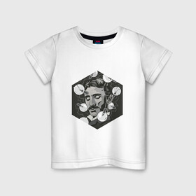 Детская футболка хлопок с принтом Никола Тесла в Екатеринбурге, 100% хлопок | круглый вырез горловины, полуприлегающий силуэт, длина до линии бедер | арт | лампочка | лампочки | никола тесла | рисунок | тесла | учёный | чёрно белый | черно белый рисунок | электричество