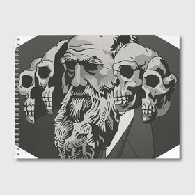 Альбом для рисования с принтом Чарльз Дарвин в Екатеринбурге, 100% бумага
 | матовая бумага, плотность 200 мг. | Тематика изображения на принте: арт | дарвин | рисунок | учёный | чарльз дарвин | череп | черепа | чёрно белый | черно белый рисунок | эволюция