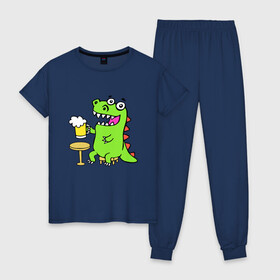 Женская пижама хлопок с принтом Пивозавр в Екатеринбурге, 100% хлопок | брюки и футболка прямого кроя, без карманов, на брюках мягкая резинка на поясе и по низу штанин | dinosaur | pivo | pivozavr | динозавр | прикол