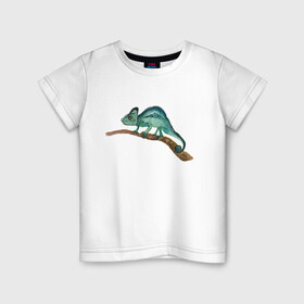 Детская футболка хлопок с принтом Зеленый хамелеон на ветке в Екатеринбурге, 100% хлопок | круглый вырез горловины, полуприлегающий силуэт, длина до линии бедер | chameleon | green | lizard | reptile | torqoise | акварель | акварельный | бирюзовый | ветка | зеленый | иллюстрация | на ветке | скетч | хамелеон | ящерица