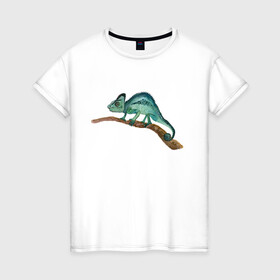Женская футболка хлопок с принтом Зеленый хамелеон на ветке в Екатеринбурге, 100% хлопок | прямой крой, круглый вырез горловины, длина до линии бедер, слегка спущенное плечо | chameleon | green | lizard | reptile | torqoise | акварель | акварельный | бирюзовый | ветка | зеленый | иллюстрация | на ветке | скетч | хамелеон | ящерица