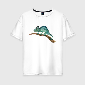Женская футболка хлопок Oversize с принтом Зеленый хамелеон на ветке в Екатеринбурге, 100% хлопок | свободный крой, круглый ворот, спущенный рукав, длина до линии бедер
 | chameleon | green | lizard | reptile | torqoise | акварель | акварельный | бирюзовый | ветка | зеленый | иллюстрация | на ветке | скетч | хамелеон | ящерица