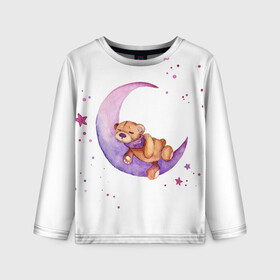 Детский лонгслив 3D с принтом Плюшевый мишка спит на луне в Екатеринбурге, 100% полиэстер | длинные рукава, круглый вырез горловины, полуприлегающий силуэт
 | bedtime | dream | moon | night | sleep | stars | teddy bear | акварель | акварельный | детский | дизайн | звездный | звезды | игрушка | луна | малыш | малышковый | медведь | милый | мишка | ночь | плюшевый | розовый | сиреневый