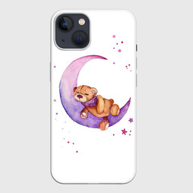 Чехол для iPhone 13 с принтом Плюшевый мишка спит на луне в Екатеринбурге,  |  | Тематика изображения на принте: bedtime | dream | moon | night | sleep | stars | teddy bear | акварель | акварельный | детский | дизайн | звездный | звезды | игрушка | луна | малыш | малышковый | медведь | милый | мишка | ночь | плюшевый | розовый | сиреневый