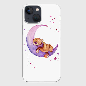 Чехол для iPhone 13 mini с принтом Плюшевый мишка спит на луне в Екатеринбурге,  |  | bedtime | dream | moon | night | sleep | stars | teddy bear | акварель | акварельный | детский | дизайн | звездный | звезды | игрушка | луна | малыш | малышковый | медведь | милый | мишка | ночь | плюшевый | розовый | сиреневый