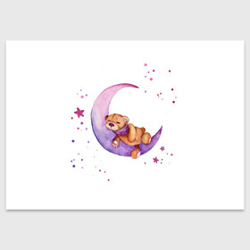 Поздравительная открытка с принтом Плюшевый мишка спит на луне в Екатеринбурге, 100% бумага | плотность бумаги 280 г/м2, матовая, на обратной стороне линовка и место для марки
 | Тематика изображения на принте: bedtime | dream | moon | night | sleep | stars | teddy bear | акварель | акварельный | детский | дизайн | звездный | звезды | игрушка | луна | малыш | малышковый | медведь | милый | мишка | ночь | плюшевый | розовый | сиреневый