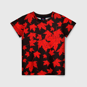 Детская футболка 3D с принтом осенние листья в Екатеринбурге, 100% гипоаллергенный полиэфир | прямой крой, круглый вырез горловины, длина до линии бедер, чуть спущенное плечо, ткань немного тянется | клён | кленовые | красный | красный на черном | листва | листопад | листья | листья падают | осенние | осень | черный