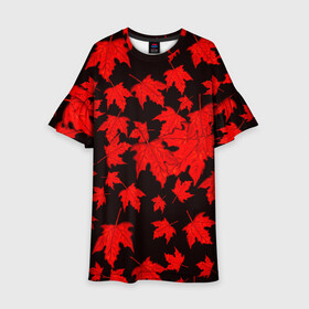 Детское платье 3D с принтом осенние листья в Екатеринбурге, 100% полиэстер | прямой силуэт, чуть расширенный к низу. Круглая горловина, на рукавах — воланы | клён | кленовые | красный | красный на черном | листва | листопад | листья | листья падают | осенние | осень | черный