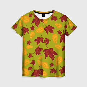 Женская футболка 3D с принтом осенние листья клён и дуб в Екатеринбурге, 100% полиэфир ( синтетическое хлопкоподобное полотно) | прямой крой, круглый вырез горловины, длина до линии бедер | дуб | клён | кленовые | красный | красный на черном | листва | листопад | листья | листья падают | осенние | осень | черный