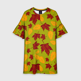 Детское платье 3D с принтом осенние листья клён и дуб в Екатеринбурге, 100% полиэстер | прямой силуэт, чуть расширенный к низу. Круглая горловина, на рукавах — воланы | Тематика изображения на принте: дуб | клён | кленовые | красный | красный на черном | листва | листопад | листья | листья падают | осенние | осень | черный