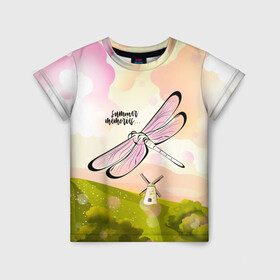 Детская футболка 3D с принтом Стрекоза. Воспоминания о лете в Екатеринбурге, 100% гипоаллергенный полиэфир | прямой крой, круглый вырез горловины, длина до линии бедер, чуть спущенное плечо, ткань немного тянется | лето | насекомое | небо | облака | пейзаж | поле | стрекоза