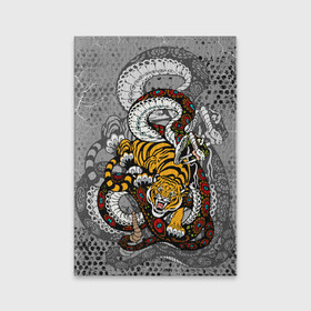 Обложка для паспорта матовая кожа с принтом Змея и Тигр|Tiger Snake Fight  в Екатеринбурге, натуральная матовая кожа | размер 19,3 х 13,7 см; прозрачные пластиковые крепления | Тематика изображения на принте: beast | борьба | животные | зверь | змея | когти | кошки | огонь | тигр | узор | чб | японский