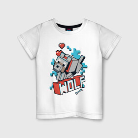 Детская футболка хлопок с принтом Майнкрафт Волк, Minecraft Wolf в Екатеринбурге, 100% хлопок | круглый вырез горловины, полуприлегающий силуэт, длина до линии бедер | Тематика изображения на принте: 2d | hp | minecraft | wolf | волк | выживай | исследуй | кость | майнкрафт | пиксели | сердечки | сердце | создавай | хп