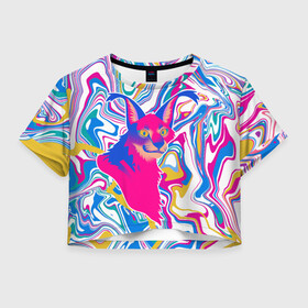 Женская футболка Crop-top 3D с принтом Floppa Art в Екатеринбурге, 100% полиэстер | круглая горловина, длина футболки до линии талии, рукава с отворотами | flopa | floppa | каракал | кот мем | мем с котом | русский кот | шлёпа