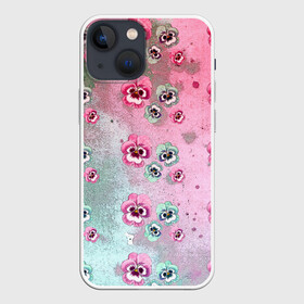 Чехол для iPhone 13 mini с принтом Акварельный камуфляж с цветами в Екатеринбурге,  |  | акварель | акварельный | анютины глазки | градиент | женственный | камуфляж | разводы | разноцветный | фиалки | цветочки | цветочный | цветы