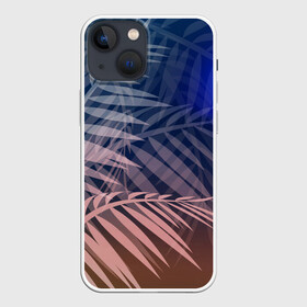 Чехол для iPhone 13 mini с принтом Тропическая ночь в Екатеринбурге,  |  | вечер | коричневый | коричневый и синий | листья | луна | ночь | отдых | пальмы | природа | путешествие | синий