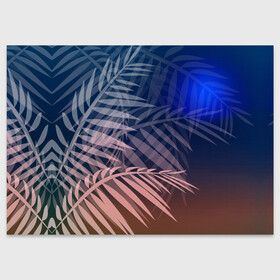 Поздравительная открытка с принтом Тропическая ночь в Екатеринбурге, 100% бумага | плотность бумаги 280 г/м2, матовая, на обратной стороне линовка и место для марки
 | вечер | коричневый | коричневый и синий | листья | луна | ночь | отдых | пальмы | природа | путешествие | синий