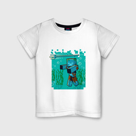 Детская футболка хлопок с принтом Утопленник (Drowne) Майнкрафт в Екатеринбурге, 100% хлопок | круглый вырез горловины, полуприлегающий силуэт, длина до линии бедер | maincraft | mob | pixel | unit | водоросли | зомби | маинкрафт | майнкрафт | моб | персонаж | пиксели | подводный | трезубец | тризубец | утопленник
