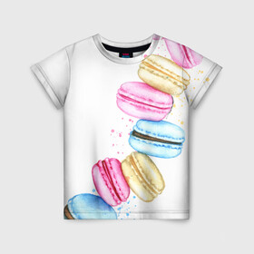 Детская футболка 3D с принтом Macarons. Нежный десерт в Екатеринбурге, 100% гипоаллергенный полиэфир | прямой крой, круглый вырез горловины, длина до линии бедер, чуть спущенное плечо, ткань немного тянется | акварель | акварельные | десерт | десерты | макаронс | макаруны | пирожное | пирожные | разноцветные | сладости