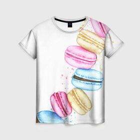 Женская футболка 3D с принтом Macarons. Нежный десерт в Екатеринбурге, 100% полиэфир ( синтетическое хлопкоподобное полотно) | прямой крой, круглый вырез горловины, длина до линии бедер | акварель | акварельные | десерт | десерты | макаронс | макаруны | пирожное | пирожные | разноцветные | сладости