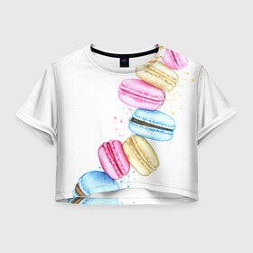 Женская футболка Crop-top 3D с принтом Macarons. Нежный десерт в Екатеринбурге, 100% полиэстер | круглая горловина, длина футболки до линии талии, рукава с отворотами | акварель | акварельные | десерт | десерты | макаронс | макаруны | пирожное | пирожные | разноцветные | сладости