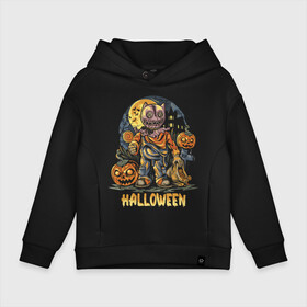 Детское худи Oversize хлопок с принтом Halloween в Екатеринбурге, френч-терри — 70% хлопок, 30% полиэстер. Мягкий теплый начес внутри —100% хлопок | боковые карманы, эластичные манжеты и нижняя кромка, капюшон на магнитной кнопке | halloween | holiday | jaw | moon | night | pumpkin | smile | луна | ночь | праздник | тыква | улыбка | хэллоуин