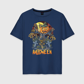 Женская футболка хлопок Oversize с принтом Halloween в Екатеринбурге, 100% хлопок | свободный крой, круглый ворот, спущенный рукав, длина до линии бедер
 | halloween | holiday | jaw | moon | night | pumpkin | smile | луна | ночь | праздник | тыква | улыбка | хэллоуин