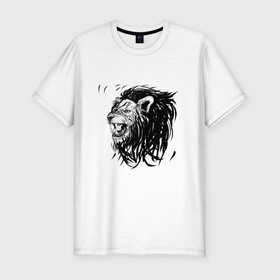 Мужская футболка хлопок Slim с принтом Лев в Екатеринбурге, 92% хлопок, 8% лайкра | приталенный силуэт, круглый вырез ворота, длина до линии бедра, короткий рукав | animal | animalistic | art | black | cat | drawing | illustration | lions | агрессивно
