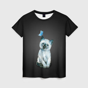 Женская футболка 3D с принтом Тайский котенок с бабочкой в Екатеринбурге, 100% полиэфир ( синтетическое хлопкоподобное полотно) | прямой крой, круглый вырез горловины, длина до линии бедер | акварель | бабочка | кот | котенок | котик | кошечка | кошка | смешной | тайский | темный