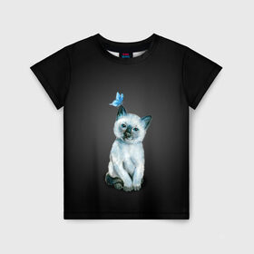 Детская футболка 3D с принтом Тайский котенок с бабочкой в Екатеринбурге, 100% гипоаллергенный полиэфир | прямой крой, круглый вырез горловины, длина до линии бедер, чуть спущенное плечо, ткань немного тянется | акварель | бабочка | кот | котенок | котик | кошечка | кошка | смешной | тайский | темный