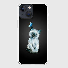 Чехол для iPhone 13 mini с принтом Тайский котенок с бабочкой в Екатеринбурге,  |  | акварель | бабочка | кот | котенок | котик | кошечка | кошка | смешной | тайский | темный