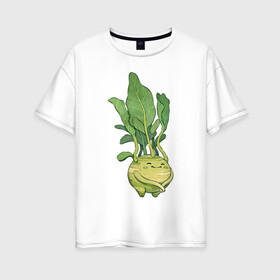 Женская футболка хлопок Oversize с принтом Капуста кольраби в Екатеринбурге, 100% хлопок | свободный крой, круглый ворот, спущенный рукав, длина до линии бедер
 | арт | капуста | кольраби | листья | мило | милота | овощ | овощи | рисунок | свежие овощи | свежий овощ | свежий продукт
