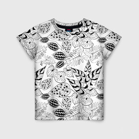 Детская футболка 3D с принтом Черно-белый узор Тропики в Екатеринбурге, 100% гипоаллергенный полиэфир | прямой крой, круглый вырез горловины, длина до линии бедер, чуть спущенное плечо, ткань немного тянется | Тематика изображения на принте: абстрактный | листья | модный | популярный | рисунок | скетч | тропический узор | цветы | черный и белый | экзотические растения