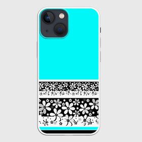 Чехол для iPhone 13 mini с принтом Цветочный бирюзовый  узор в Екатеринбурге,  |  | абстрактный | бирюзовый | девушкам | детский | кайма | летний | неоновый | ромашки | цветы | черный и белый
