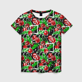 Женская футболка 3D с принтом Абстрактный узор спелая вишня в Екатеринбурге, 100% полиэфир ( синтетическое хлопкоподобное полотно) | прямой крой, круглый вырез горловины, длина до линии бедер | вишня | детский | зеленый | красная вишня | красный | летний узор | лето | ягодный принт | ягоды