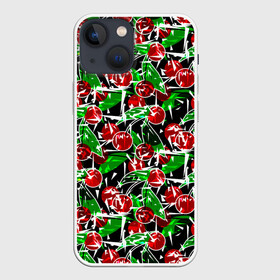 Чехол для iPhone 13 mini с принтом Абстрактный узор спелая вишня в Екатеринбурге,  |  | вишня | детский | зеленый | красная вишня | красный | летний узор | лето | ягодный принт | ягоды