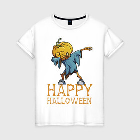 Женская футболка хлопок с принтом Happy Halloween в Екатеринбурге, 100% хлопок | прямой крой, круглый вырез горловины, длина до линии бедер, слегка спущенное плечо | dab | eyes | gesture | halloween | holiday | hype | pumpkin | rag | глаза | жест | праздник | рваньё | тыква | хайп | хэллоуин