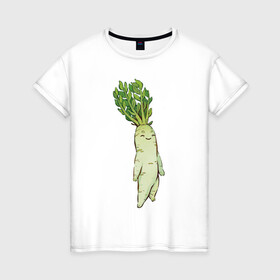 Женская футболка хлопок с принтом Милая редька в Екатеринбурге, 100% хлопок | прямой крой, круглый вырез горловины, длина до линии бедер, слегка спущенное плечо | арт | зелень | мило | милота | овощ | овощи | редька | рисунок | свежие овощи | свежий овощ | свежий продукт