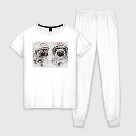 Женская пижама хлопок с принтом Собаки - космонавты в Екатеринбурге, 100% хлопок | брюки и футболка прямого кроя, без карманов, на брюках мягкая резинка на поясе и по низу штанин | в тренде. | космос | собаки | собаки на белом фоне | ссср