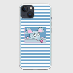 Чехол для iPhone 13 с принтом Веселая Мышь в Екатеринбурге,  |  | в горошек | веселый | детский | забавный | комбинированный | крыса | лоскуты | мышь | полосатый узор | полосы | синий