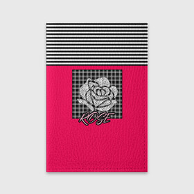 Обложка для паспорта матовая кожа с принтом Аппликация роза на клетчатом в Екатеринбурге, натуральная матовая кожа | размер 19,3 х 13,7 см; прозрачные пластиковые крепления | Тематика изображения на принте: аппликация | детский | комбинированный | полосатый | пэчворк | роза | розовый | цветочный узор | черный и малиновый | яркий малиновый