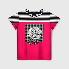 Детская футболка 3D с принтом Аппликация роза на клетчатом в Екатеринбурге, 100% гипоаллергенный полиэфир | прямой крой, круглый вырез горловины, длина до линии бедер, чуть спущенное плечо, ткань немного тянется | Тематика изображения на принте: аппликация | детский | комбинированный | полосатый | пэчворк | роза | розовый | цветочный узор | черный и малиновый | яркий малиновый