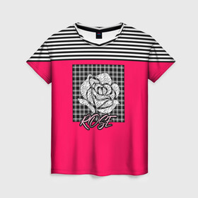 Женская футболка 3D с принтом Аппликация роза на клетчатом в Екатеринбурге, 100% полиэфир ( синтетическое хлопкоподобное полотно) | прямой крой, круглый вырез горловины, длина до линии бедер | аппликация | детский | комбинированный | полосатый | пэчворк | роза | розовый | цветочный узор | черный и малиновый | яркий малиновый