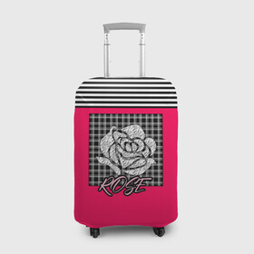 Чехол для чемодана 3D с принтом Аппликация роза на клетчатом в Екатеринбурге, 86% полиэфир, 14% спандекс | двустороннее нанесение принта, прорези для ручек и колес | аппликация | детский | комбинированный | полосатый | пэчворк | роза | розовый | цветочный узор | черный и малиновый | яркий малиновый