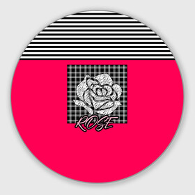 Коврик для мышки круглый с принтом Аппликация роза на клетчатом в Екатеринбурге, резина и полиэстер | круглая форма, изображение наносится на всю лицевую часть | Тематика изображения на принте: аппликация | детский | комбинированный | полосатый | пэчворк | роза | розовый | цветочный узор | черный и малиновый | яркий малиновый