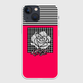 Чехол для iPhone 13 mini с принтом Аппликация роза на клетчатом в Екатеринбурге,  |  | аппликация | детский | комбинированный | полосатый | пэчворк | роза | розовый | цветочный узор | черный и малиновый | яркий малиновый