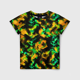 Детская футболка 3D с принтом Абстрактный желто-зеленый узор в Екатеринбурге, 100% гипоаллергенный полиэфир | прямой крой, круглый вырез горловины, длина до линии бедер, чуть спущенное плечо, ткань немного тянется | Тематика изображения на принте: абстрактный | желтый | зеленый | камуфляж | мужской | популярный | размытый узор | современный | черный