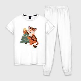 Женская пижама хлопок с принтом Символ года 2022. Тигренок  в Екатеринбурге, 100% хлопок | брюки и футболка прямого кроя, без карманов, на брюках мягкая резинка на поясе и по низу штанин | 2020 | для детей | новый год | символ года | тигр | тигренок