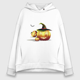 Женское худи Oversize хлопок с принтом Halloween  в Екатеринбурге, френч-терри — 70% хлопок, 30% полиэстер. Мягкий теплый начес внутри —100% хлопок | боковые карманы, эластичные манжеты и нижняя кромка, капюшон на магнитной кнопке | halloween | октябрь | тыква | тыква в шляпе | тыквы на хэллоуин | хэллоуин