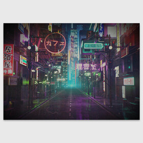 Поздравительная открытка с принтом Neon Tokyo в Екатеринбурге, 100% бумага | плотность бумаги 280 г/м2, матовая, на обратной стороне линовка и место для марки
 | anime | cyber | cyberpunk | japan | japanese | neon | retro | retro wave | road | street | tokyo | wave | аниме | дорога | иероглифы | кибер | киберпанк | неон | неоновый | ночной токио | ночь | ретро | свет | токио | улица | уличный | эстетика